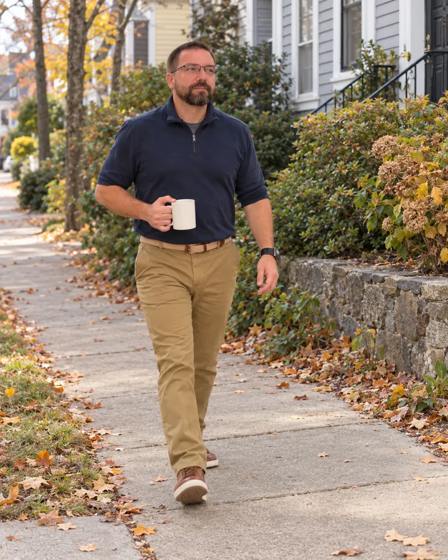 Fred Moore III, REALTOR®, walking on a leafy sidewalk with a cup of coffee